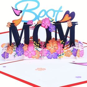 1pc Greeting Card; With Blank Envelope And Message Card; BEST MOM Pop Up Greeting Card; Colorful Flowers Heart Decor 3D Card; Mother's Day Gift; (Color: Red)